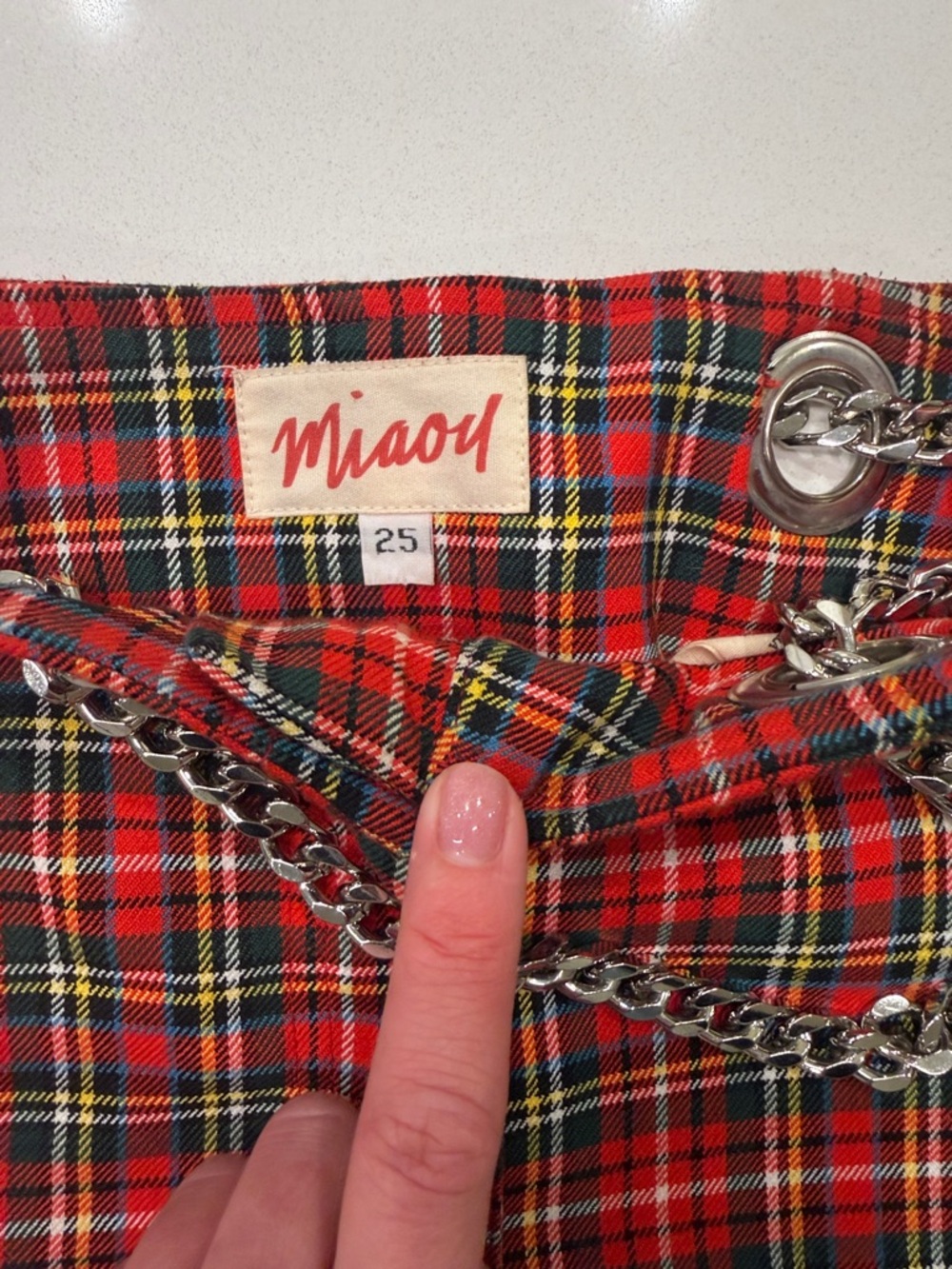 Miaou Morgan Red Tartan Plaid High Rise Cropped Flare Pant W Chain Belt Size 25 - Picture 9 of 9